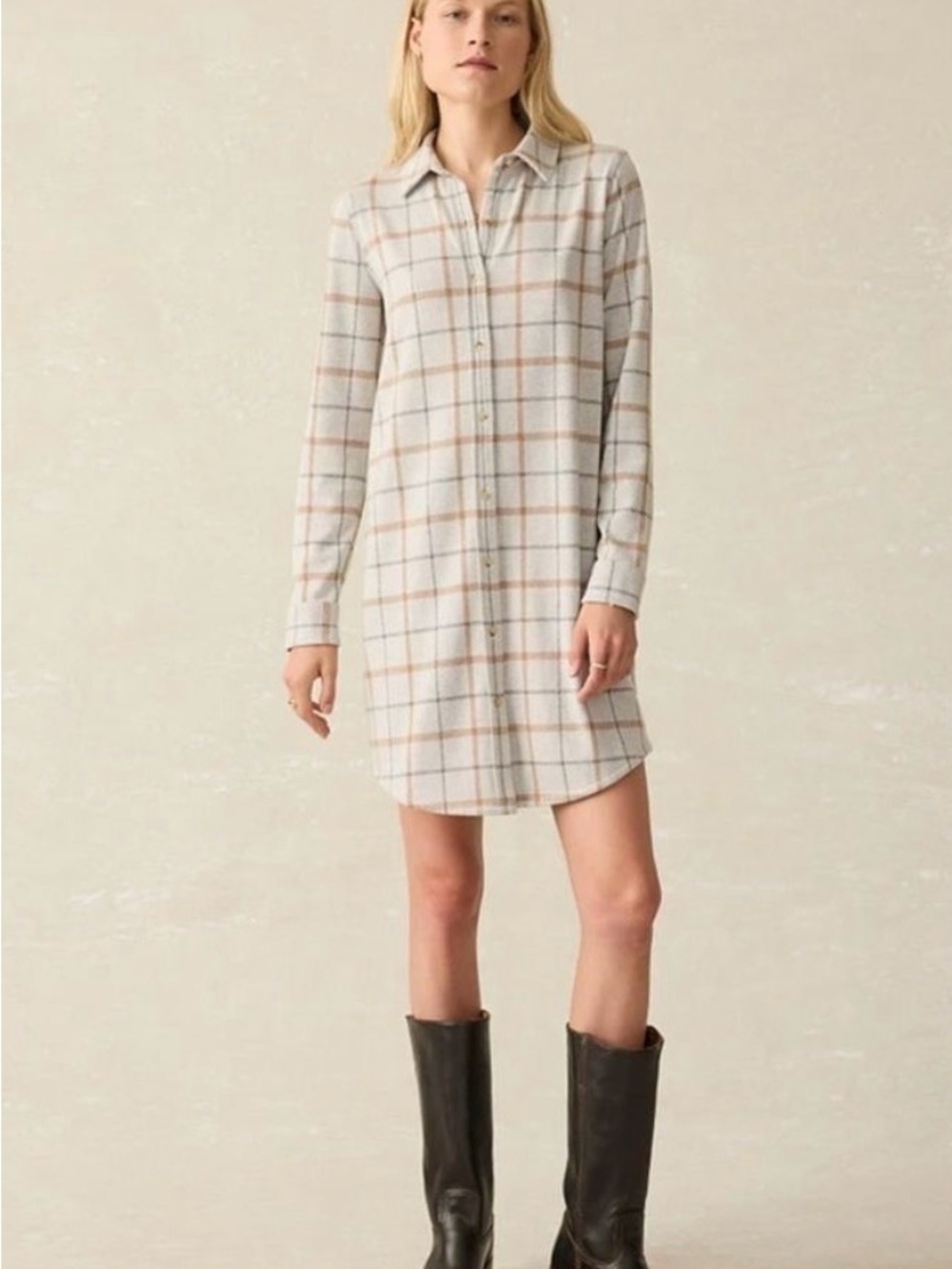 Faherty Legend Sweater Dress in Cream / Grey/Tan windowpane- worn once - Medium
